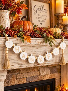 Thankful Pumpkin Wood Bead Garland Tassels Fall Thanksgiving Farmhouse Décor